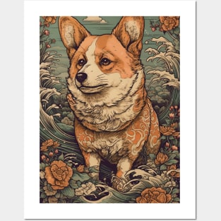 Corgi in the Waves: Traditional Japanese Ukiyo-e Painting Posters and Art